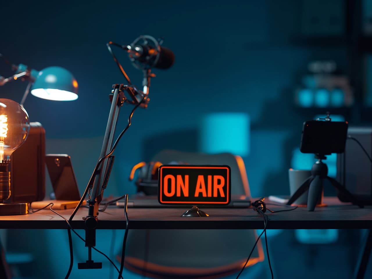 Radio studio with an on air sign